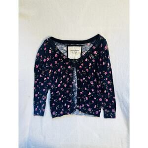 Vintage Abercrombie And Fitch Cashmere Floral Navy Cardigan Sweater Size Medium
